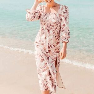 House of Harlow 1960 NWT Linen Blend Long Puff Sleeve Smocked Midi Dress Size XS